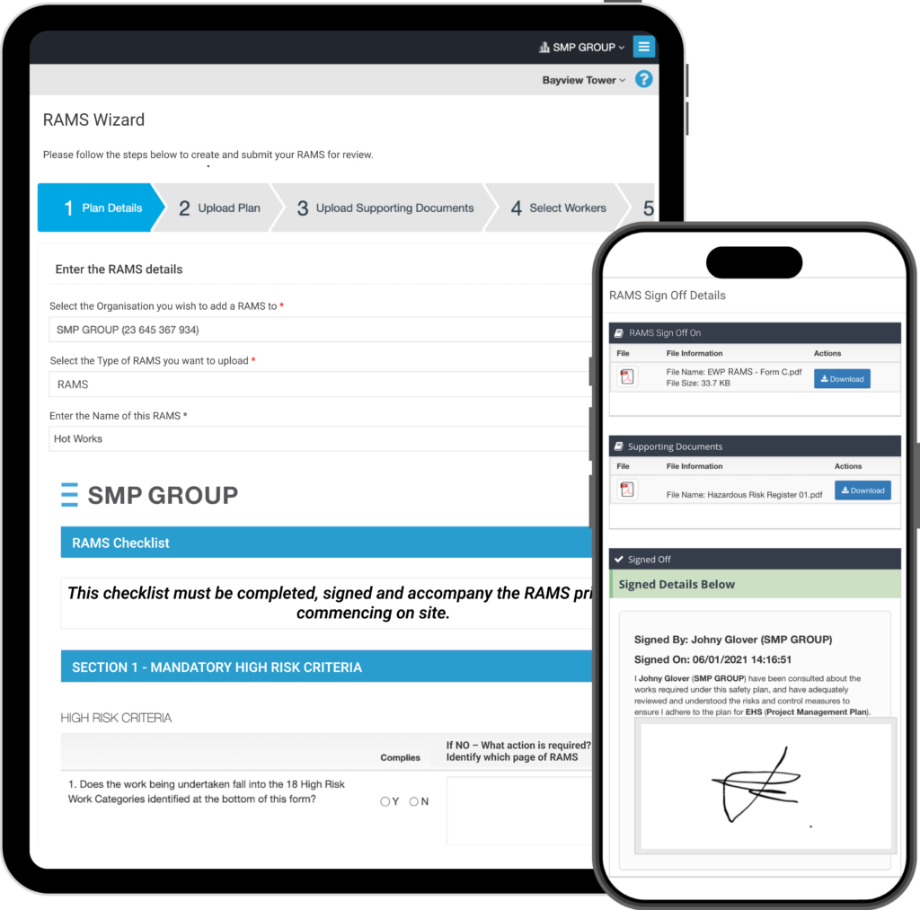 Tablet and mobile view of RAMS (Risk Assessment Method Statements) on the Simpel platform