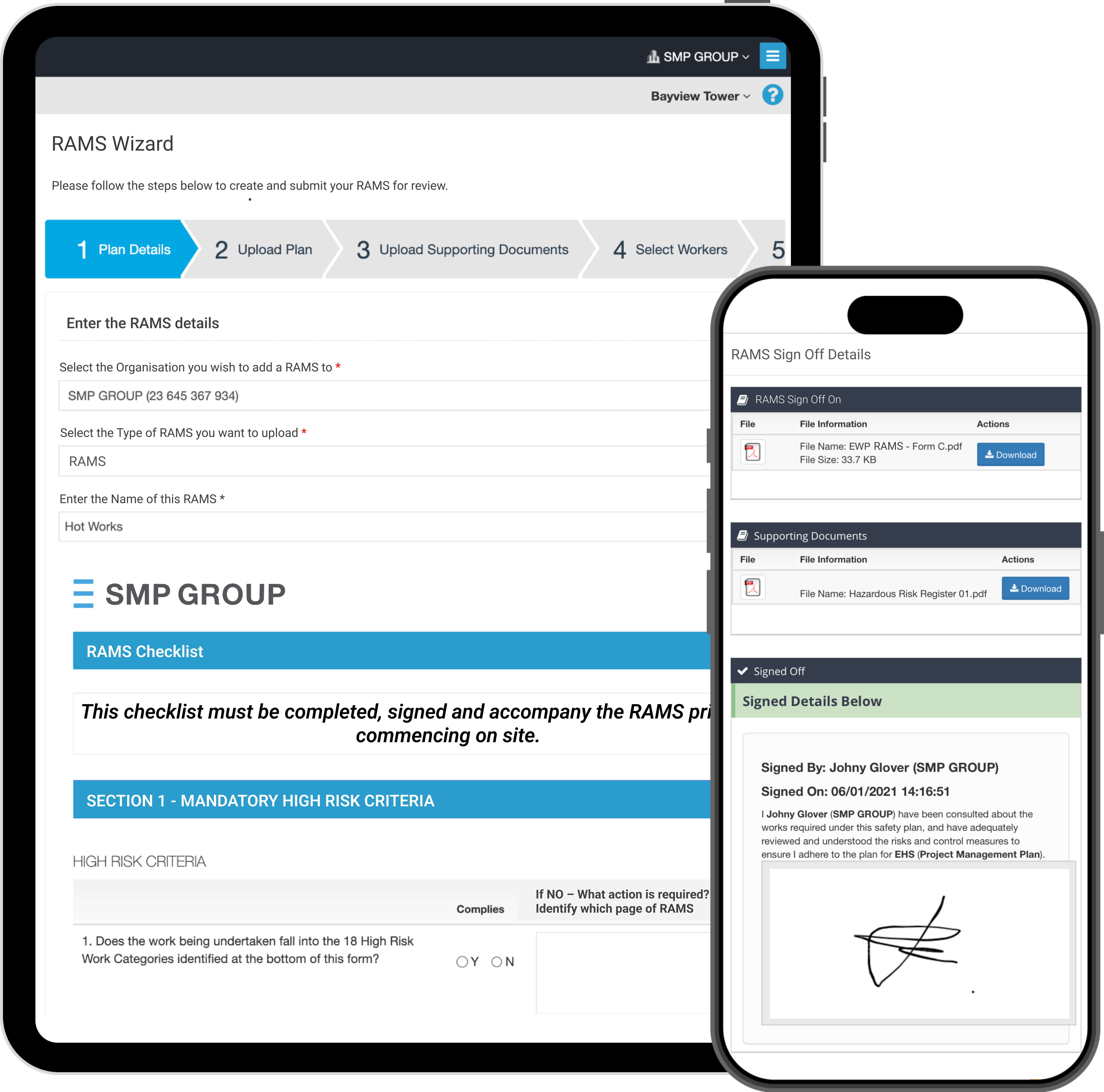 Tablet and mobile view of RAMS (Risk Assessment Method Statements) on the Simpel platform