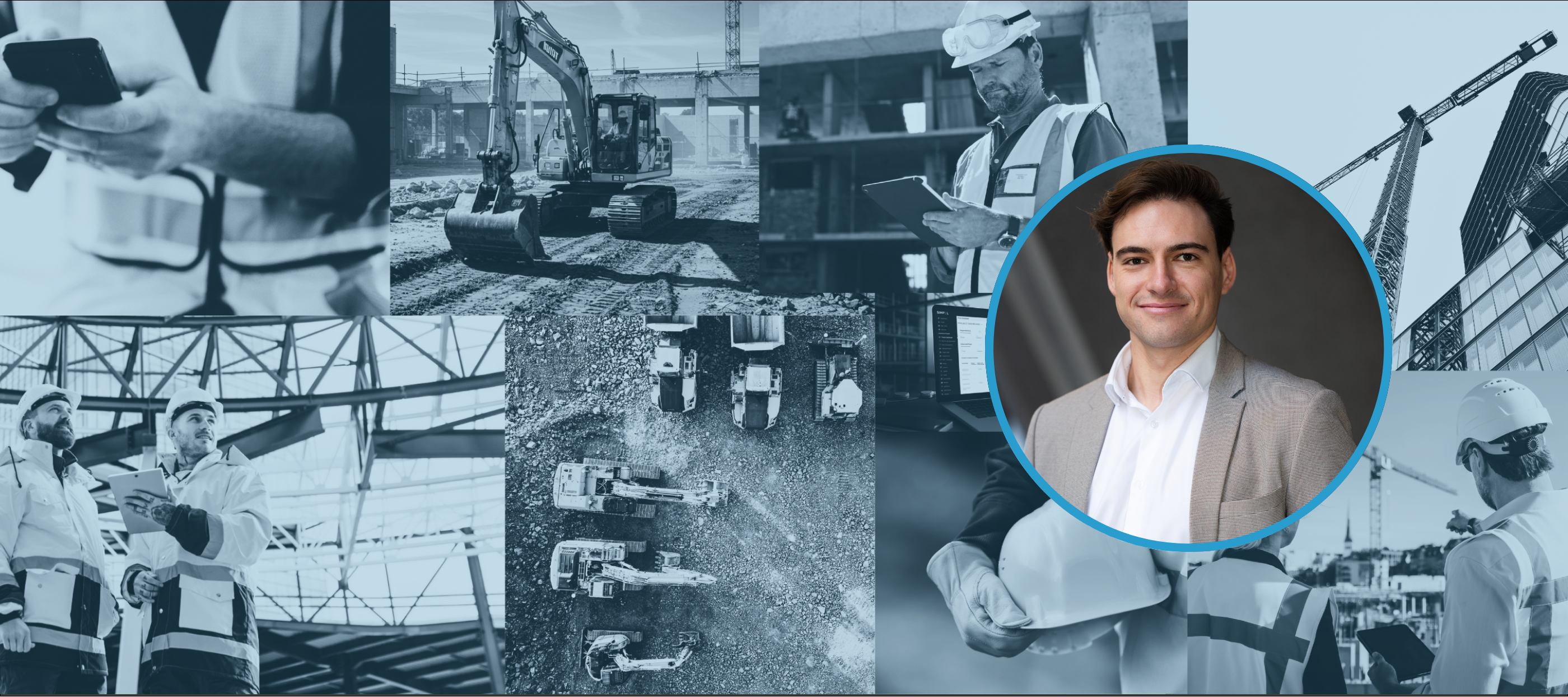 Collage of construction images and construction software examples to promote digital construction forms