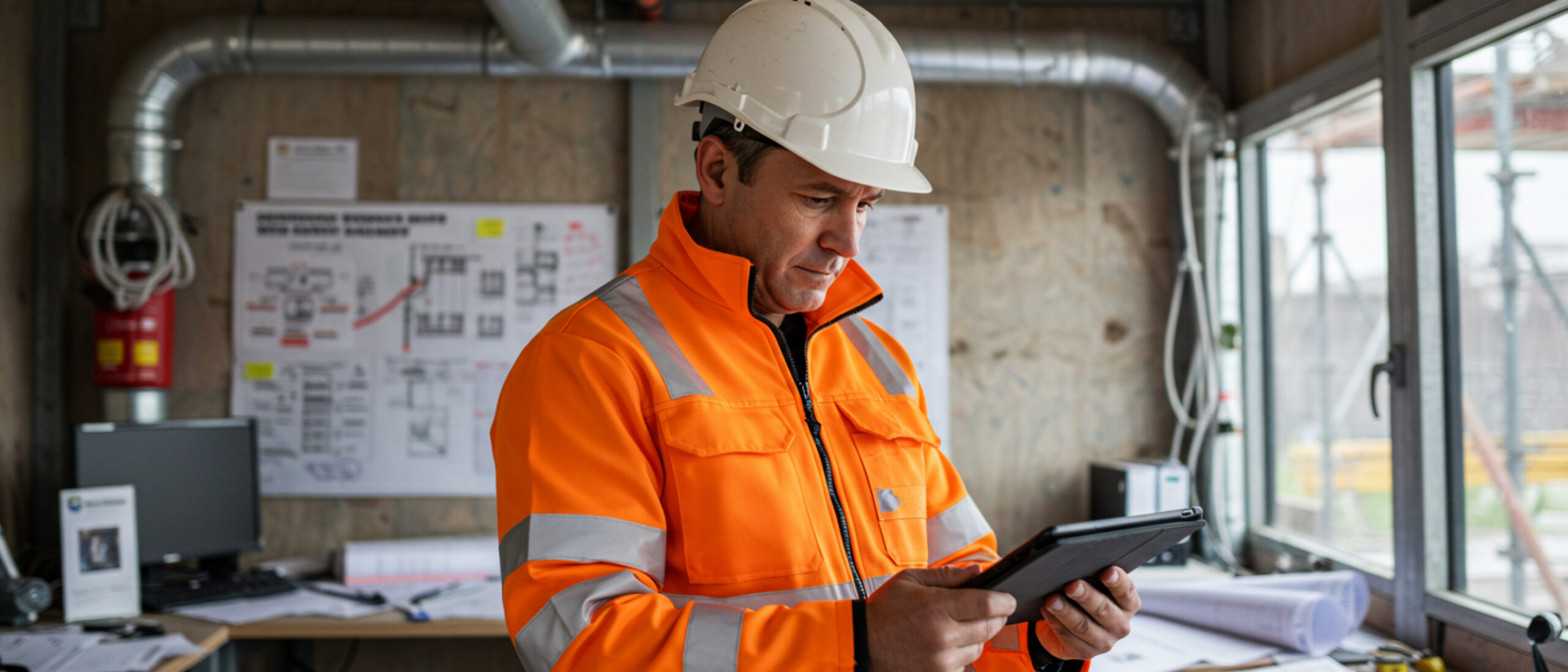 Tradie in a construction site shed completing a Simpel Site Diary on a tablet