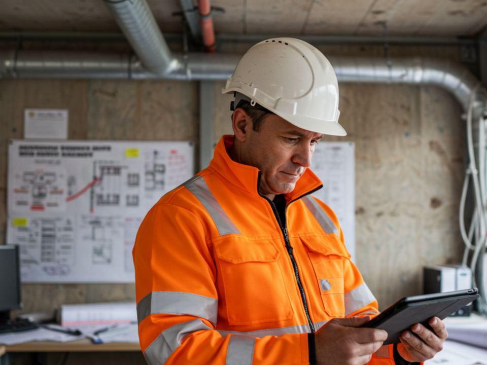 Contractor in a construction site shed completing a Site Diary on Simpel