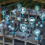 Construction site with many data points highlighted across the project all connected to depict a Common Data Environment