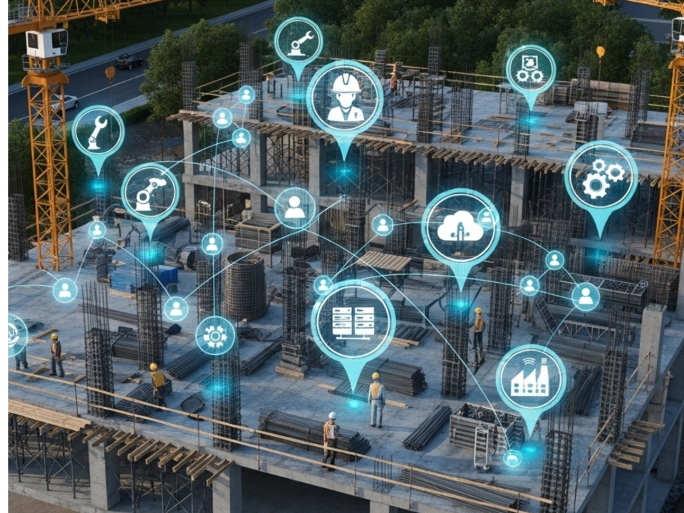 Construction site with many data points highlighted across the project all connected to depict a Common Data Environment