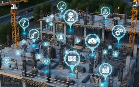 Construction site with many data points highlighted across the project all connected to depict a Common Data Environment