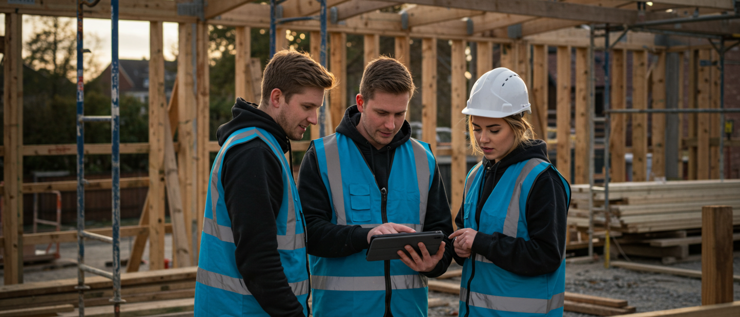 Three workers in blue high vis looking a construction RFIs on a tablet onsite