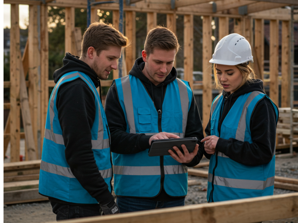 Three workers in blue high vis looking a construction RFIs on a tablet onsite