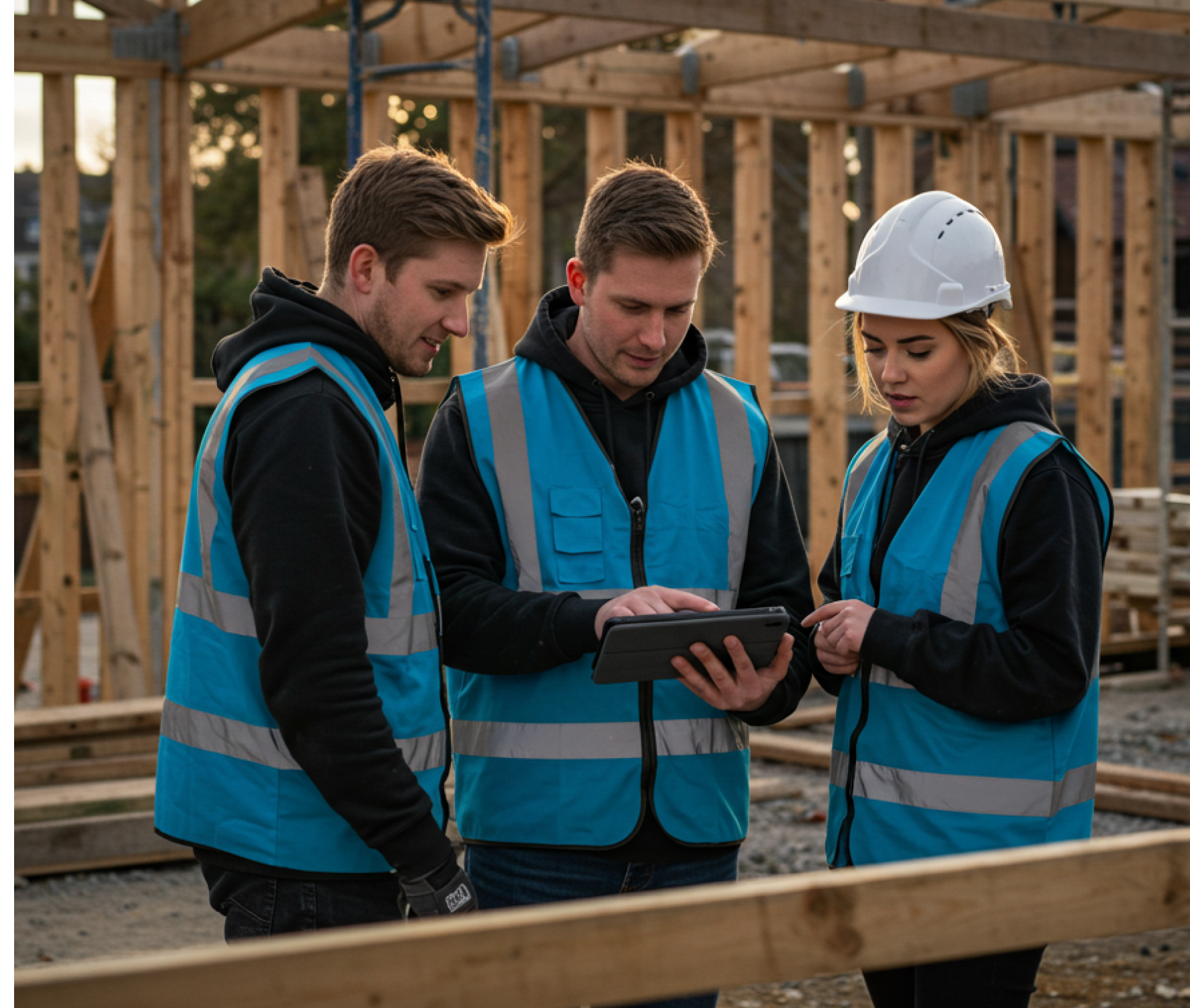 Three workers in blue high vis looking a construction RFIs on a tablet onsite