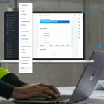 Image of a construction worker on a laptop with an overlay of Simpel's new eForm builder