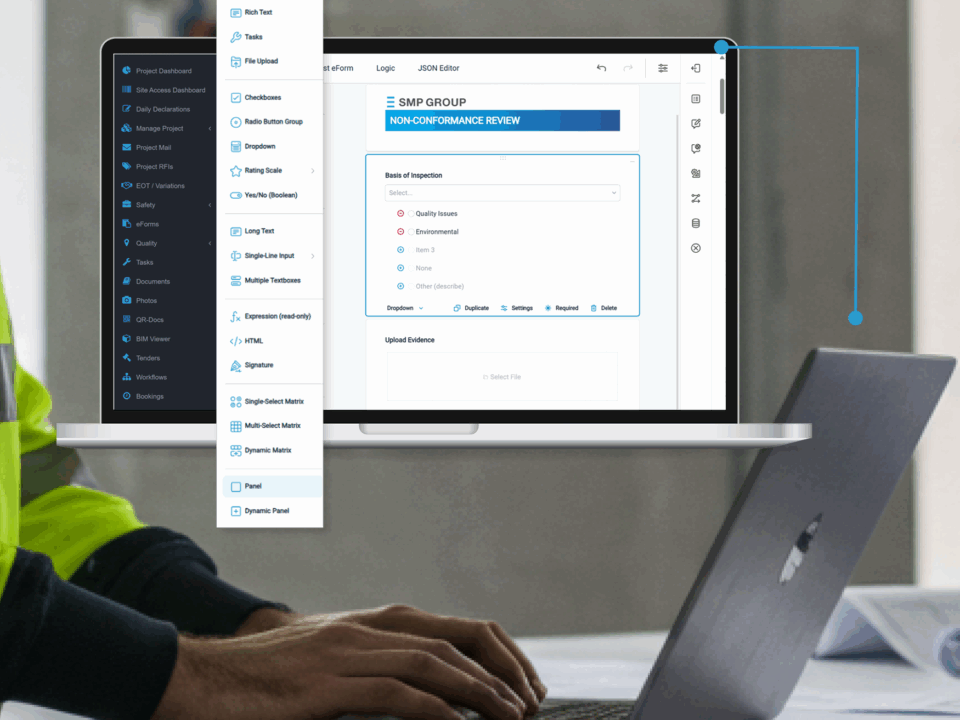 Image of a construction worker on a laptop with an overlay of Simpel's new eForm builder