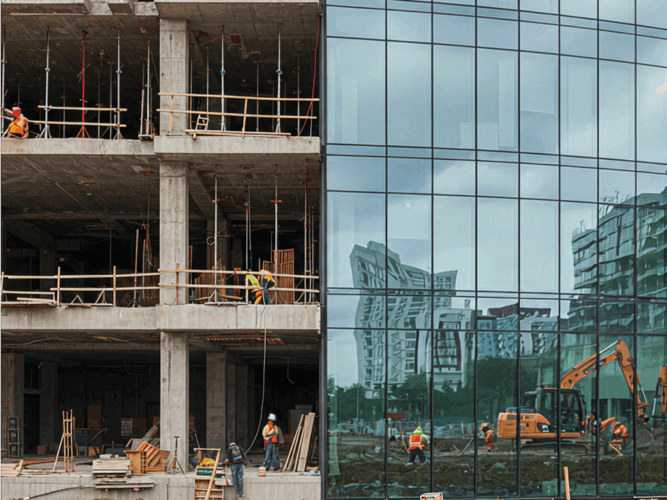 A building with half still under construction on the left side and the completed side on the right