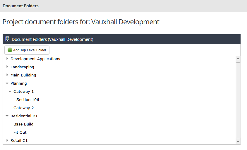 Screenshot of folders in Simpel's Document Register with an example hierarchy for tracking the Building Safety Act Gateways