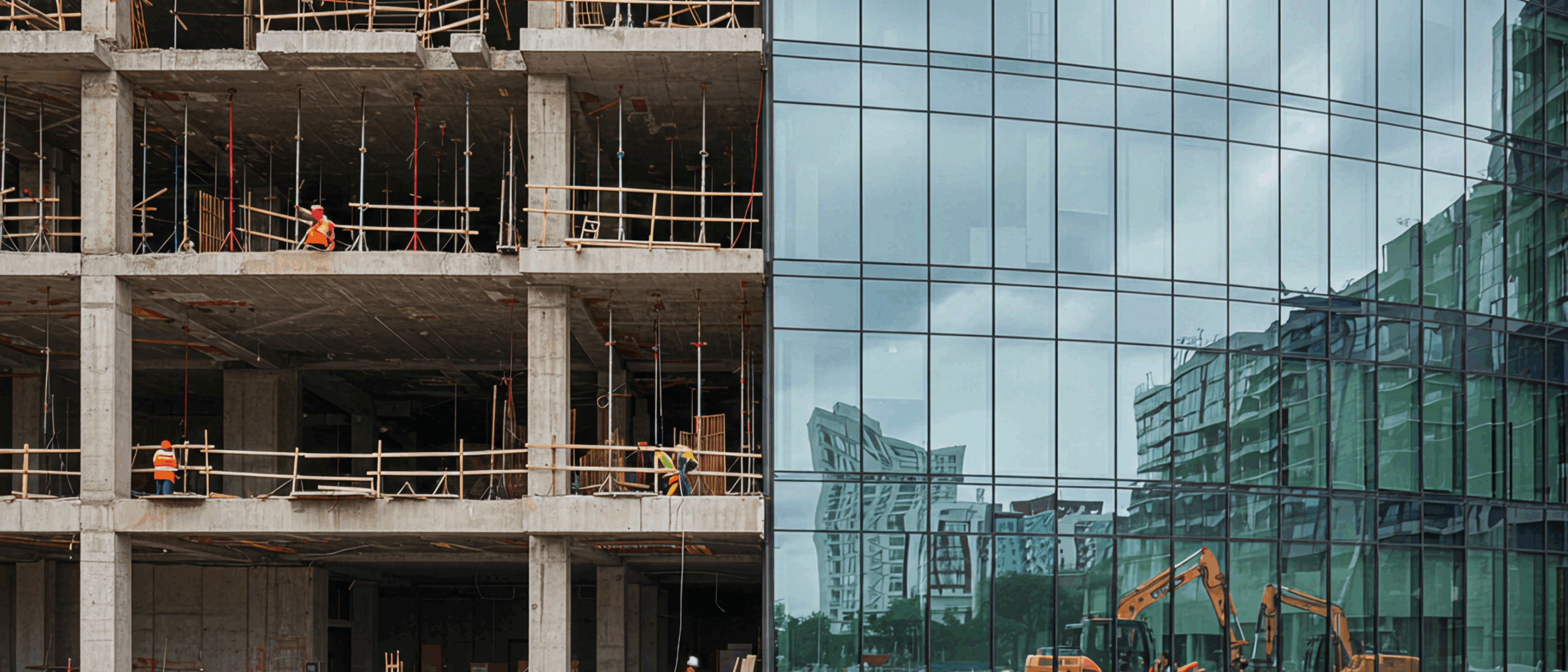 A building with half still under construction on the left side and the completed side on the right