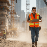 Construction worker using Simpel's Construction program Management SOftware on a tablet while walking through a busy construction site