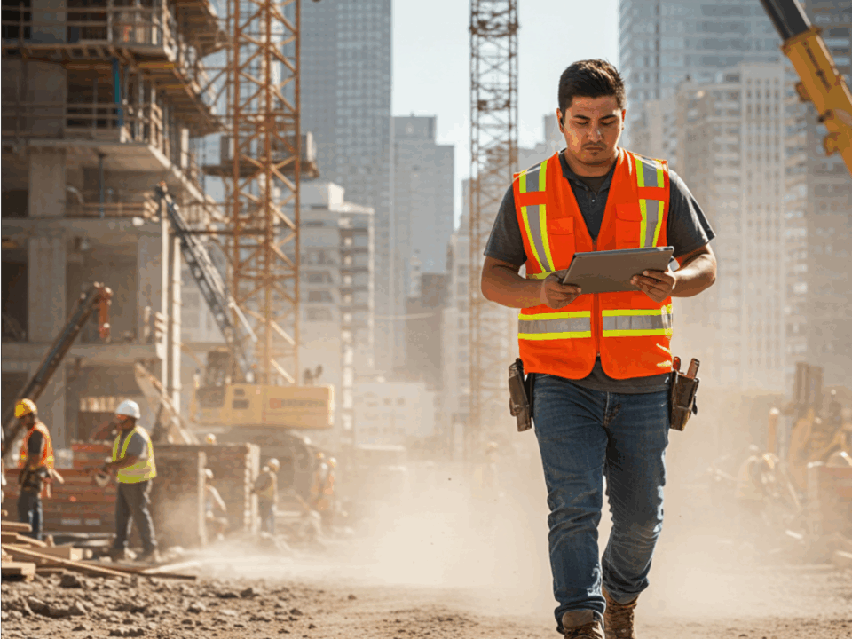 Construction worker using Simpel's Construction program Management SOftware on a tablet while walking through a busy construction site