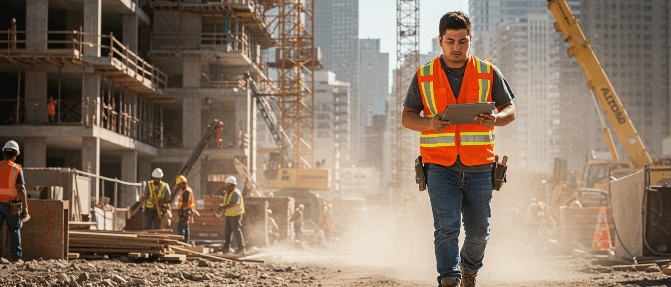 Construction worker using Simpel's Construction program Management SOftware on a tablet while walking through a busy construction site
