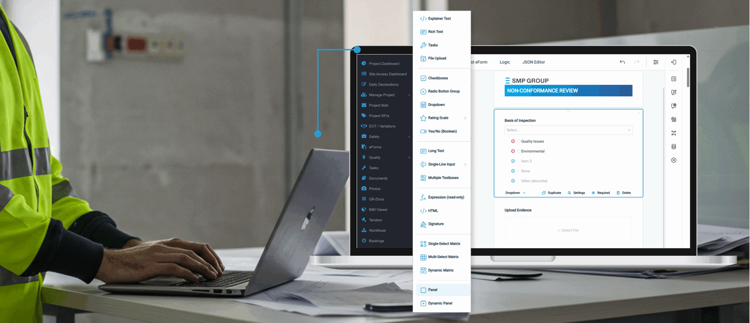 Image of a construction worker on a laptop with an overlay of Simpel's new eForm builder