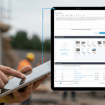 Construction worker in high vis using a tablet with a concrete pre-our ITP on Simpel overlay