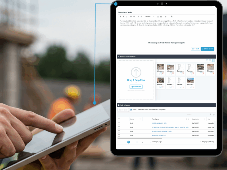 Construction worker in high vis using a tablet with a concrete pre-our ITP on Simpel overlay
