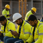 Workers onsite in yellow high-vis completing construction site inductions on their phones