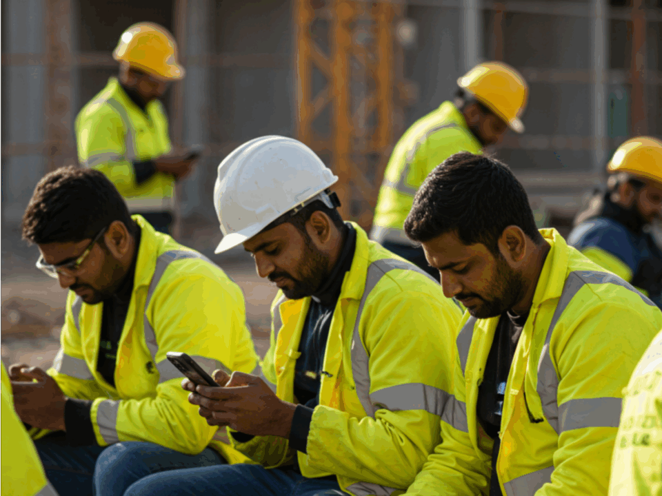 Workers onsite in yellow high-vis completing construction site inductions on their phones