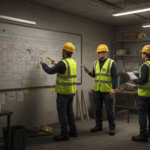 Three construction workers in a site office looking at a disorganised whiteboard
