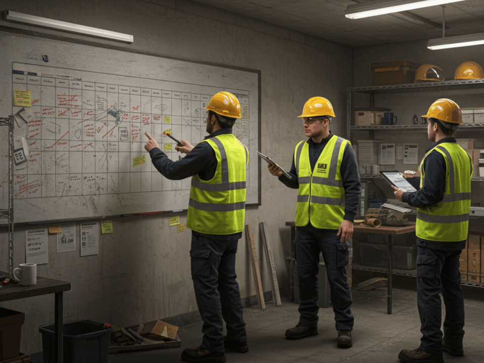 Three construction workers in a site office looking at a disorganised whiteboard