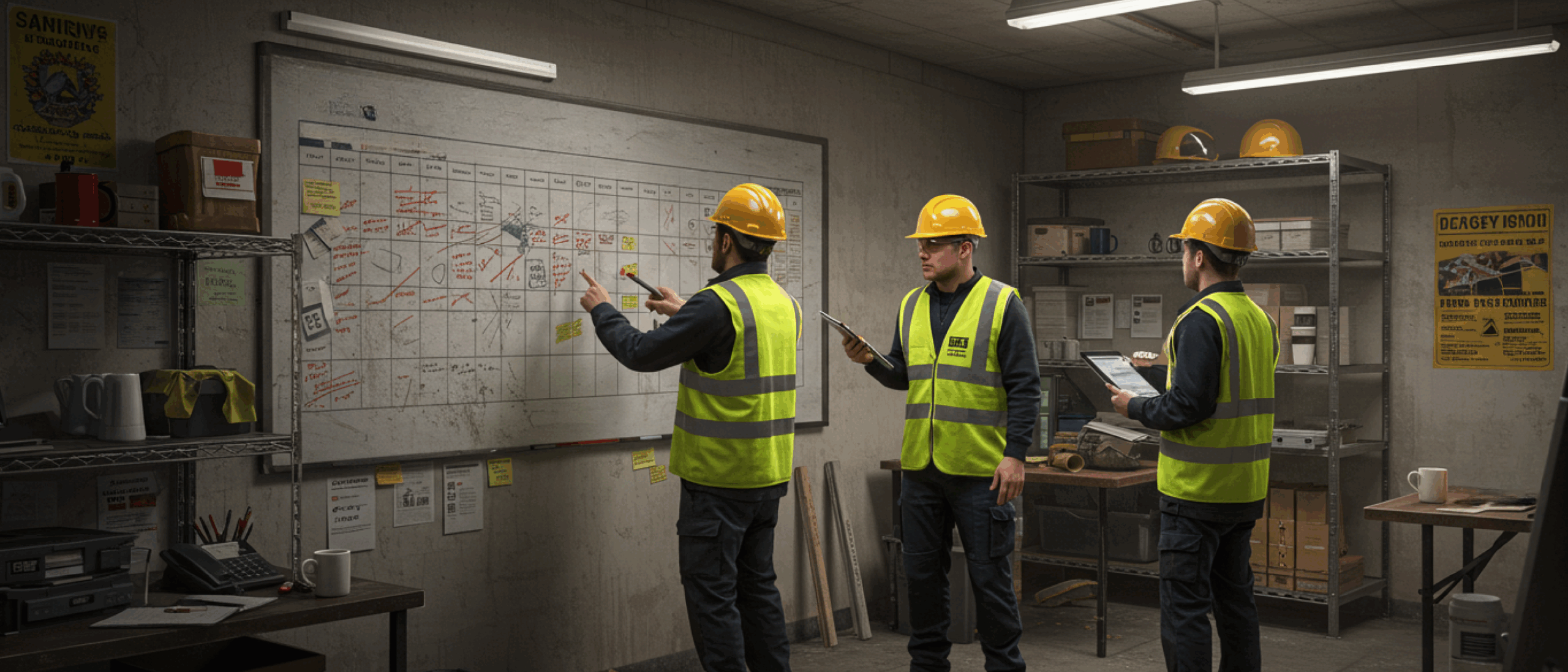 Three construction workers in a site office looking at a disorganised whiteboard