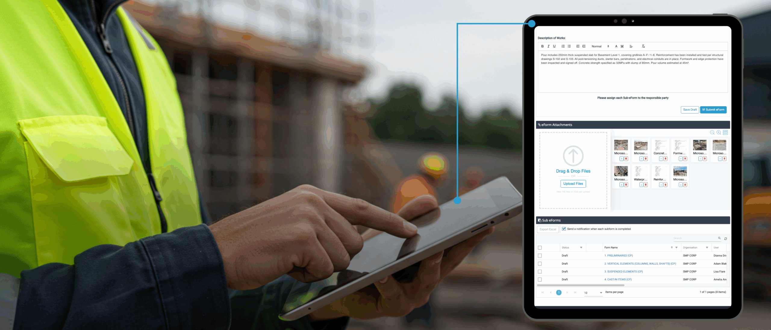 Construction worker in high vis using a tablet with a concrete pre-our ITP on Simpel overlay
