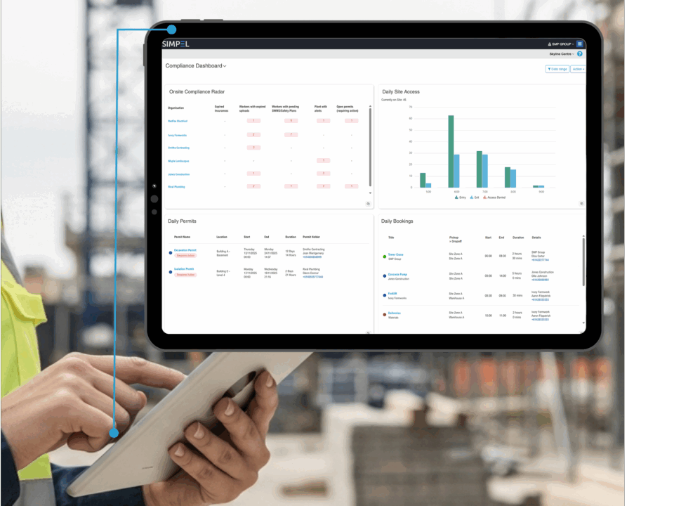 Tablet showing Simpel's Project Compliance Dashboard's being used on site by a contractor