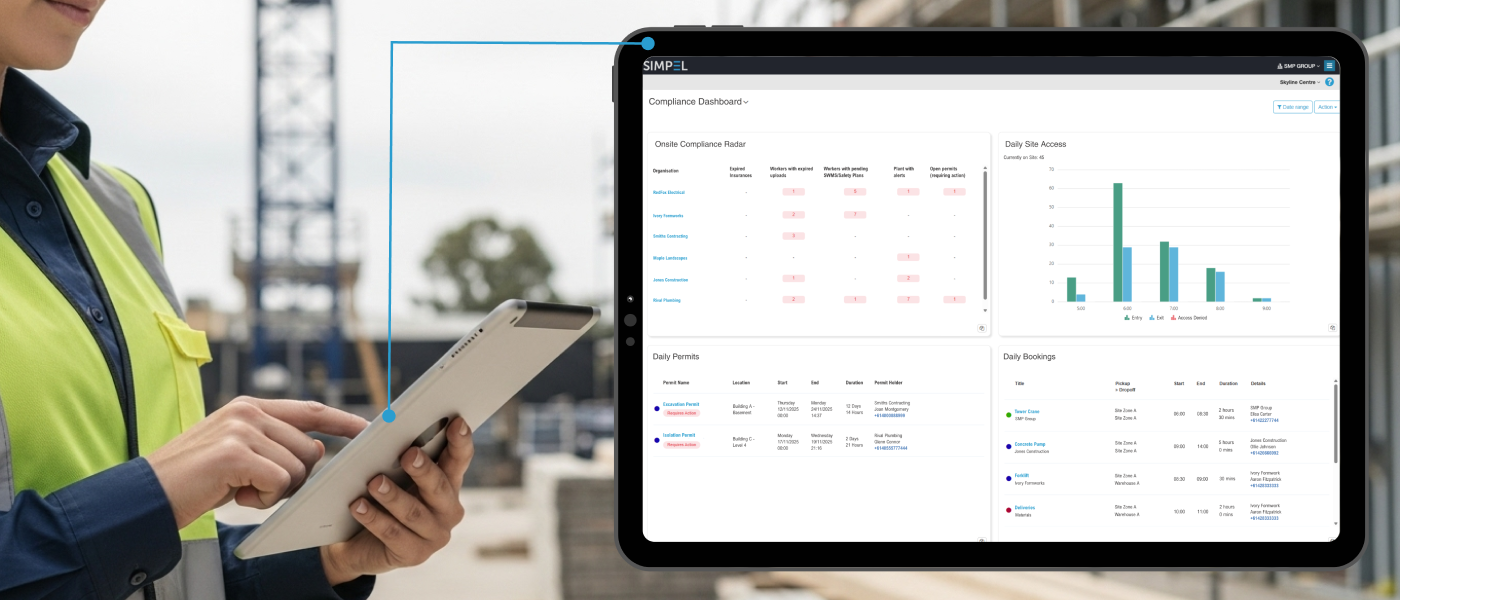 Tablet showing Simpel's Project Compliance Dashboard's being used on site by a contractor
