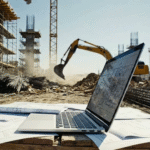 Construction document management software displayed on a laptop at an active construction site with blueprints, scaffolding, steel rebar, and an excavator in the background.