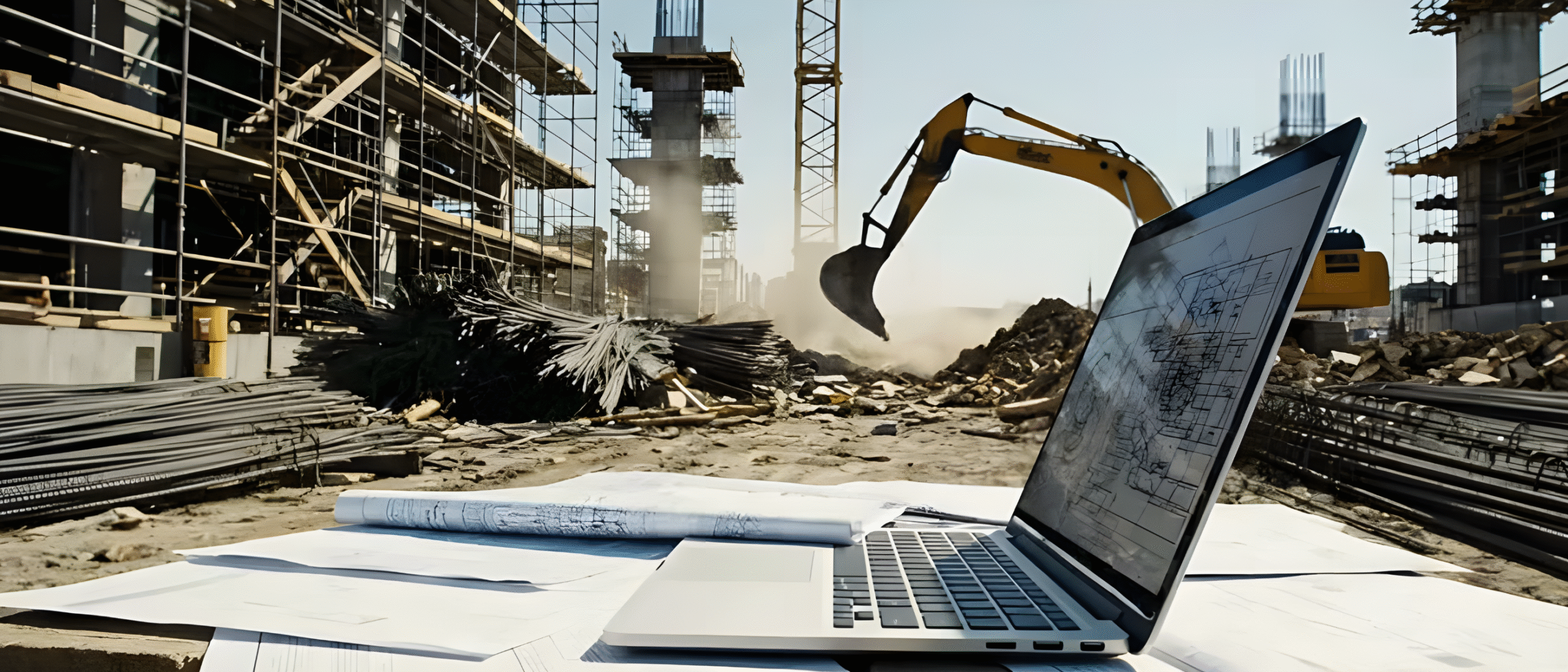 Construction document management software displayed on a laptop at an active construction site with blueprints, scaffolding, steel rebar, and an excavator in the background.