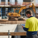 Construction manager using a tablet on an active job site, illustrating construction management software costs and digital project oversight in the field.