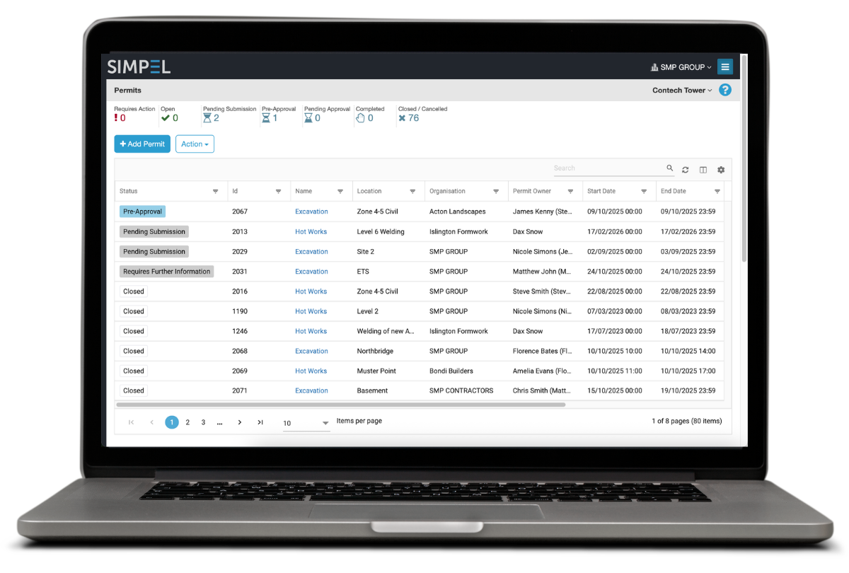 Simpel’s digital permits module dashboard showing live permit statuses, approvals, and tracking tools that improve visibility and help manage construction permit cost.