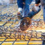 Construction worker using an angle grinder to cut steel rebar with sparks flying at a job site, illustrating factors that can impact overall construction permit cost.