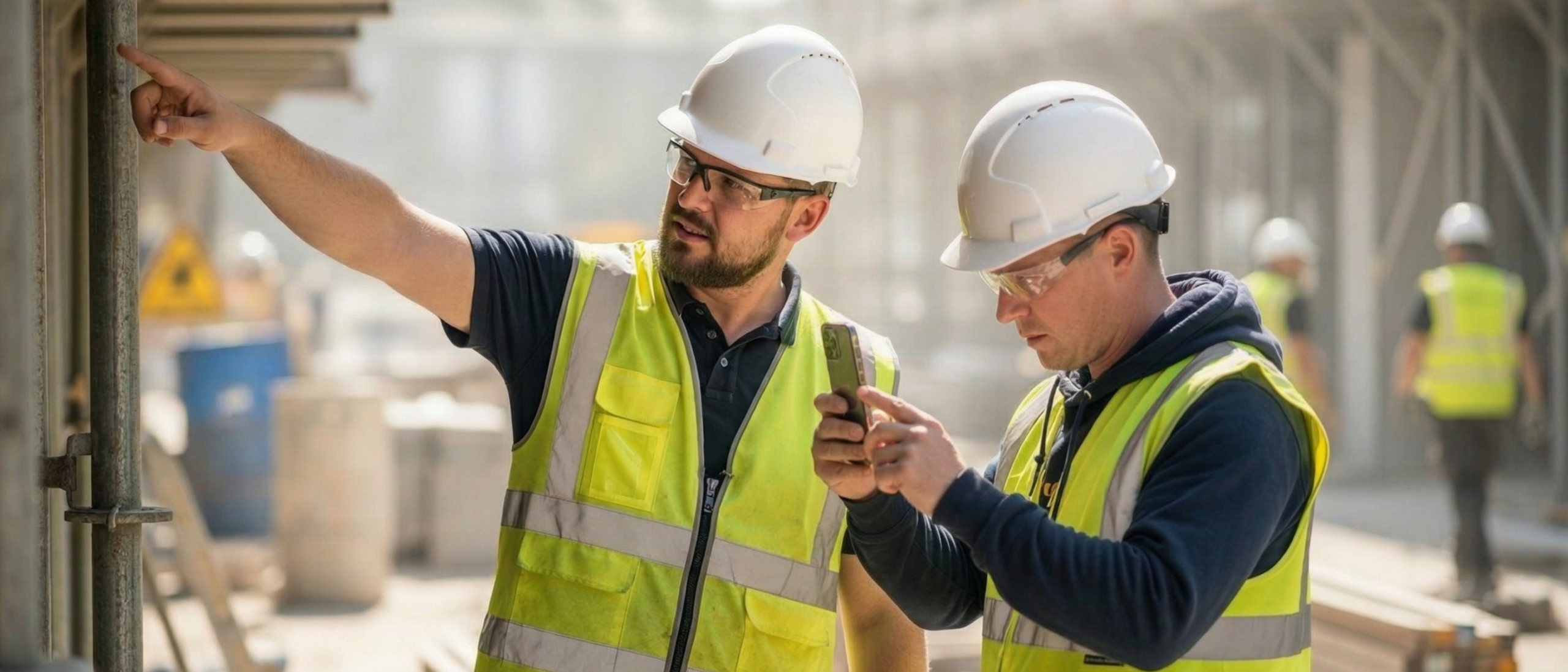 Two construction workers in high-visibility vests and hard hats on an active construction site, one pointing out a hazard while the other logs it on a smartphone, demonstrating real-time HSE observation and construction site safety practices.
