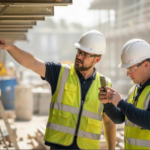 Two construction workers in high-visibility vests and hard hats on an active construction site, one pointing out a hazard while the other logs it on a smartphone, demonstrating real-time HSE observation and construction site safety practices.