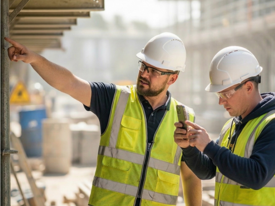 Two construction workers in high-visibility vests and hard hats on an active construction site, one pointing out a hazard while the other logs it on a smartphone, demonstrating real-time HSE observation and construction site safety practices.