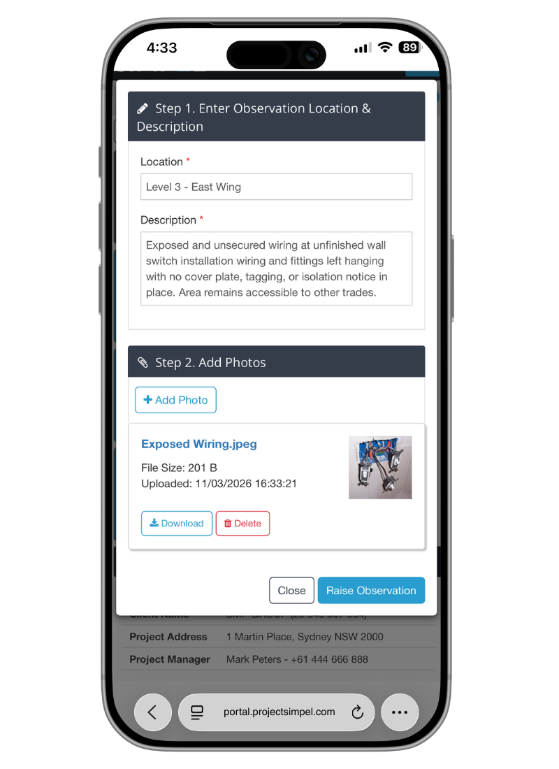 Simpel mobile observation form showing location, hazard description, and photo upload for construction site safety reporting.