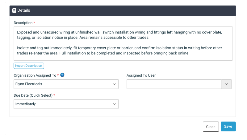 Simpel HSE observation action form assigning electrical safety issue to contractor with description, responsible organisation, and due date fields.