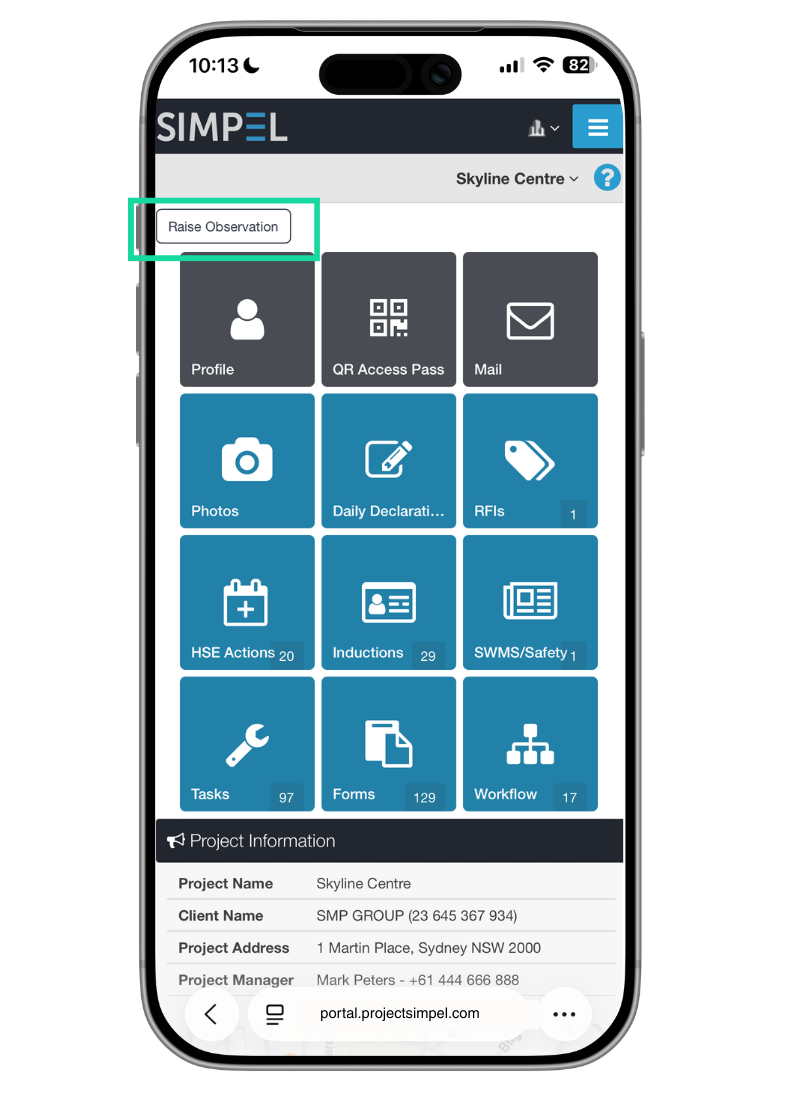 Simpel mobile dashboard with “Raise Observation” button used to report construction site safety hazards.