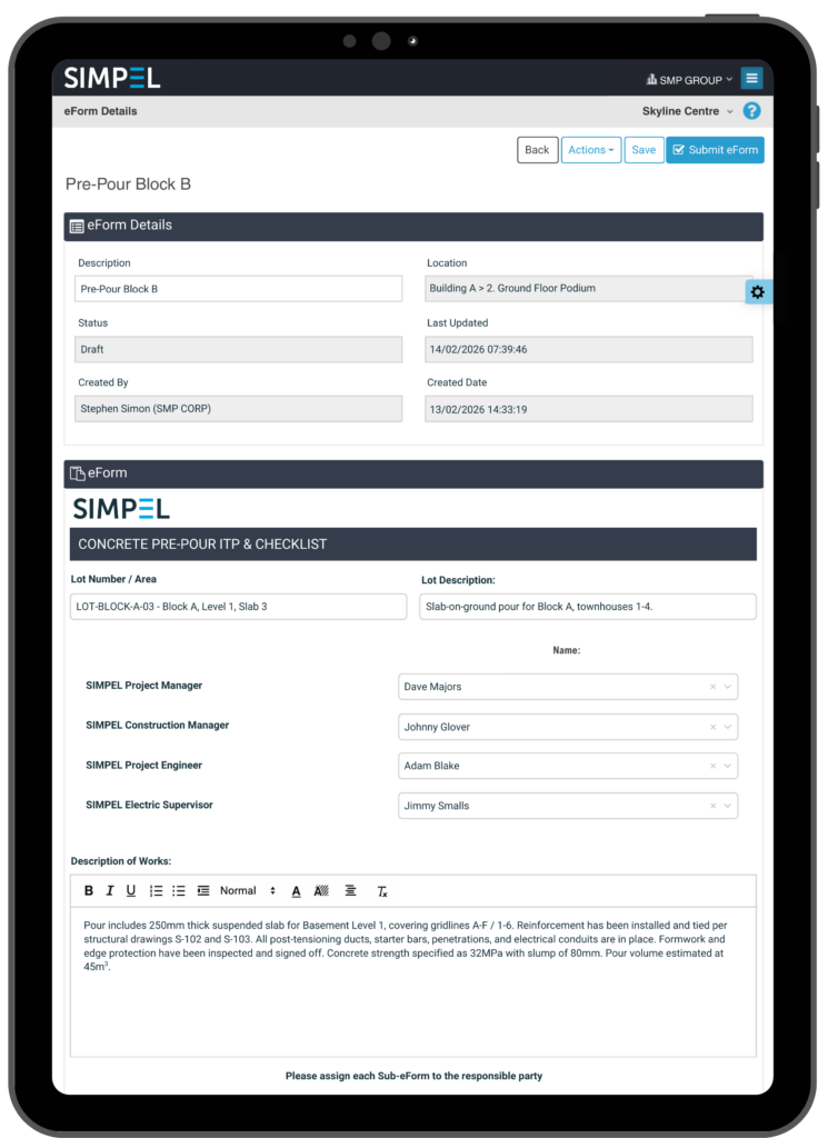 Simpel's eForm interface with a Pre-Pour ITP example
