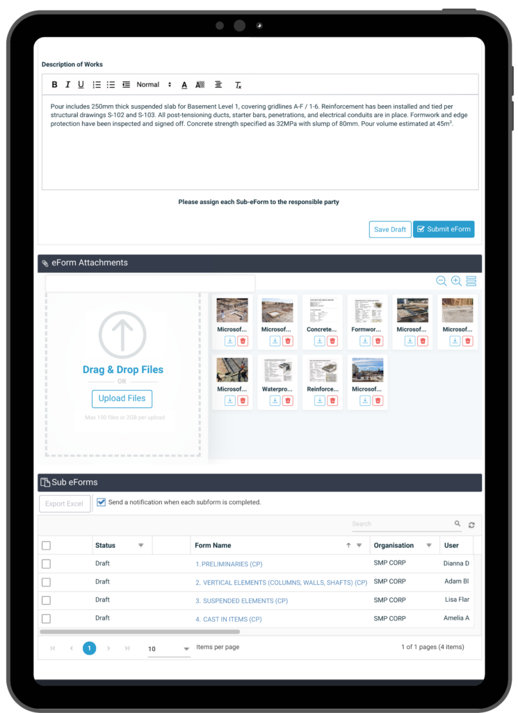 Simpel's eForm interface showing rich text, document thumbnails and Sub e-form functionality