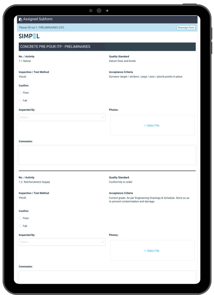 Simpel's eForm/Sub eForm interface with sequential concrete pre-pour preliminaries