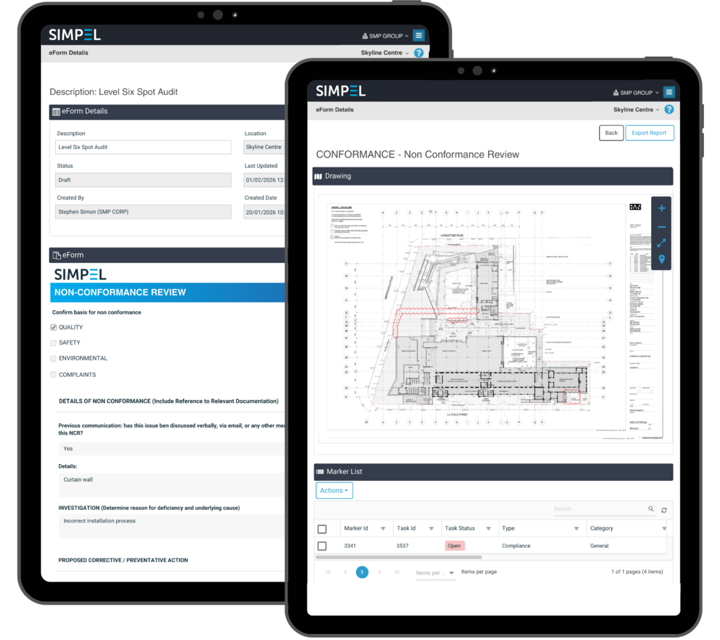 Simpel's eForm interface showing a Non-conformance Review with drawings and marker lists
